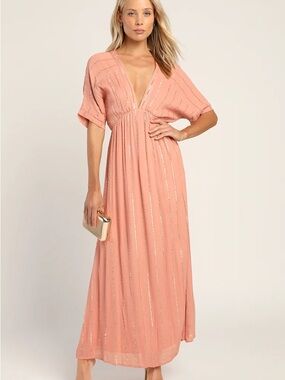 Lulus Goddess Vibes Rusty Rose Gold Striped Dolman Sleeve Maxi Dress